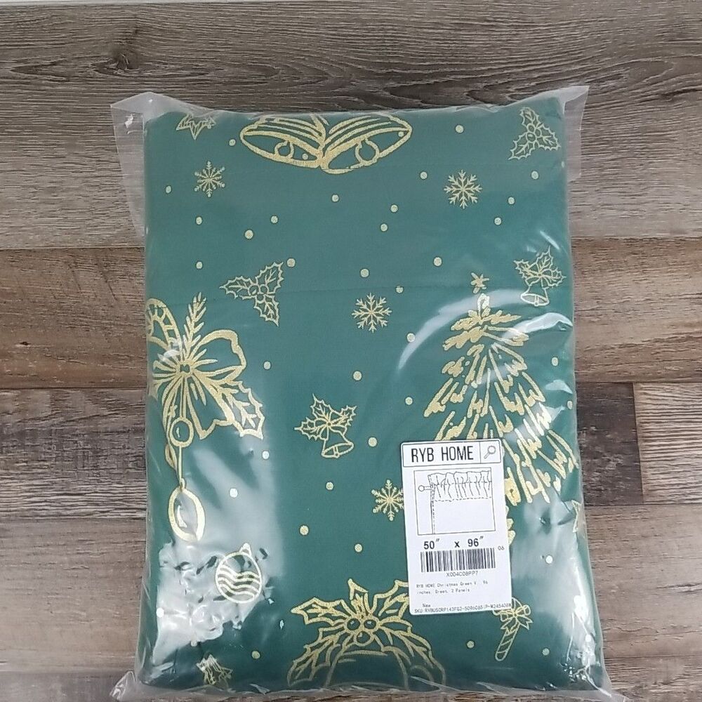 RYB HOME 50"x 96" Christmas Curtains Green With Gold Foil Stamping Pattern